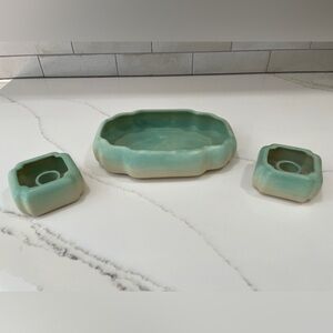 Rosemeade Green Ombre Console Set Bowl and Two Candleholders